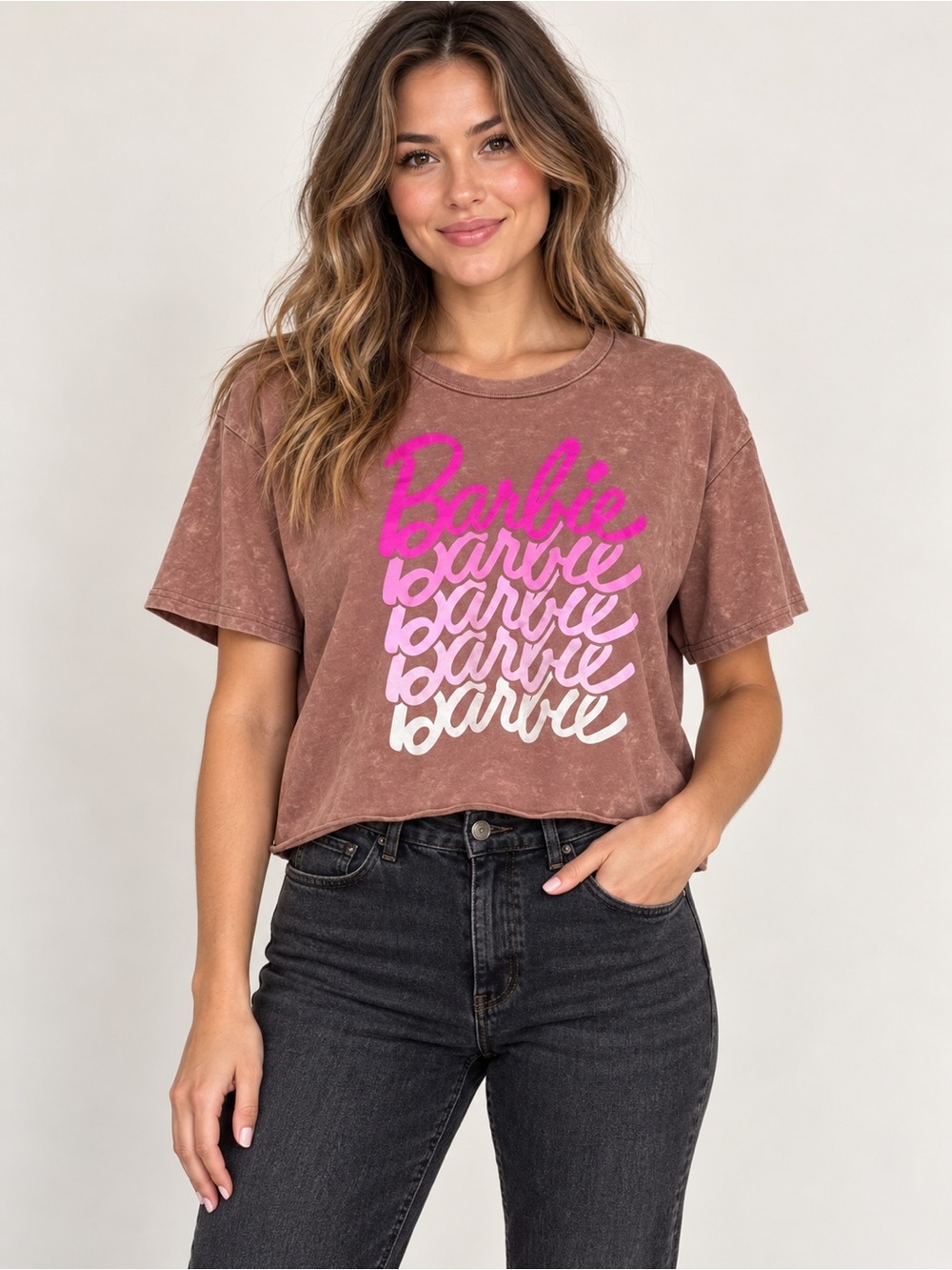 Barbie Acid Wash Cropped Graphic Tee Pink Ombre Logo Size L